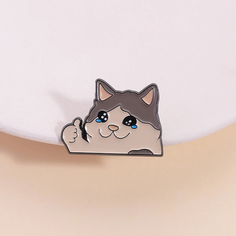 Thumb Up Crying Cat Enamel Pin Kawaii Animal Brooch Lapel Badge for Cat Lovers