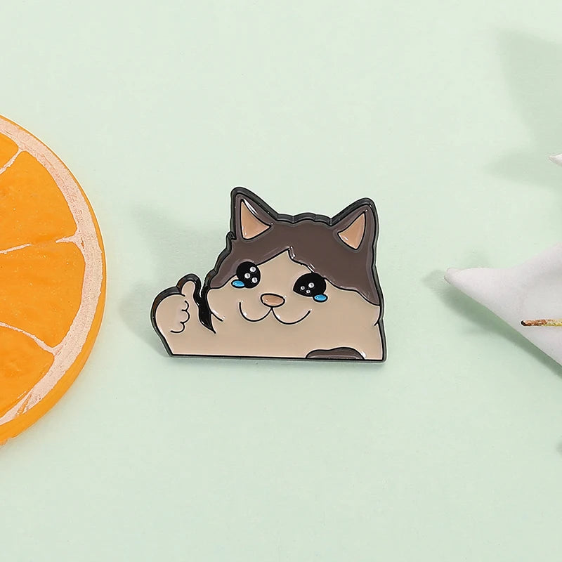 Thumb Up Crying Cat Enamel Pin Kawaii Animal Brooch Lapel Badge for Cat Lovers