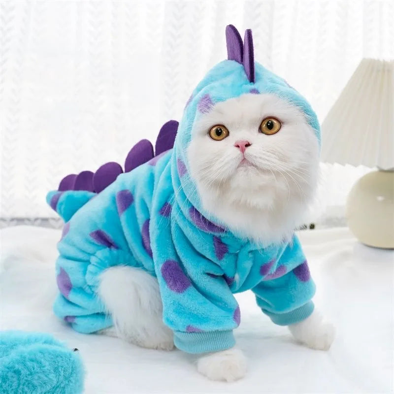 Plush Dinosaur Pajama Jumpsuit for Cats & Small Dogs – Cozy Winter Costume