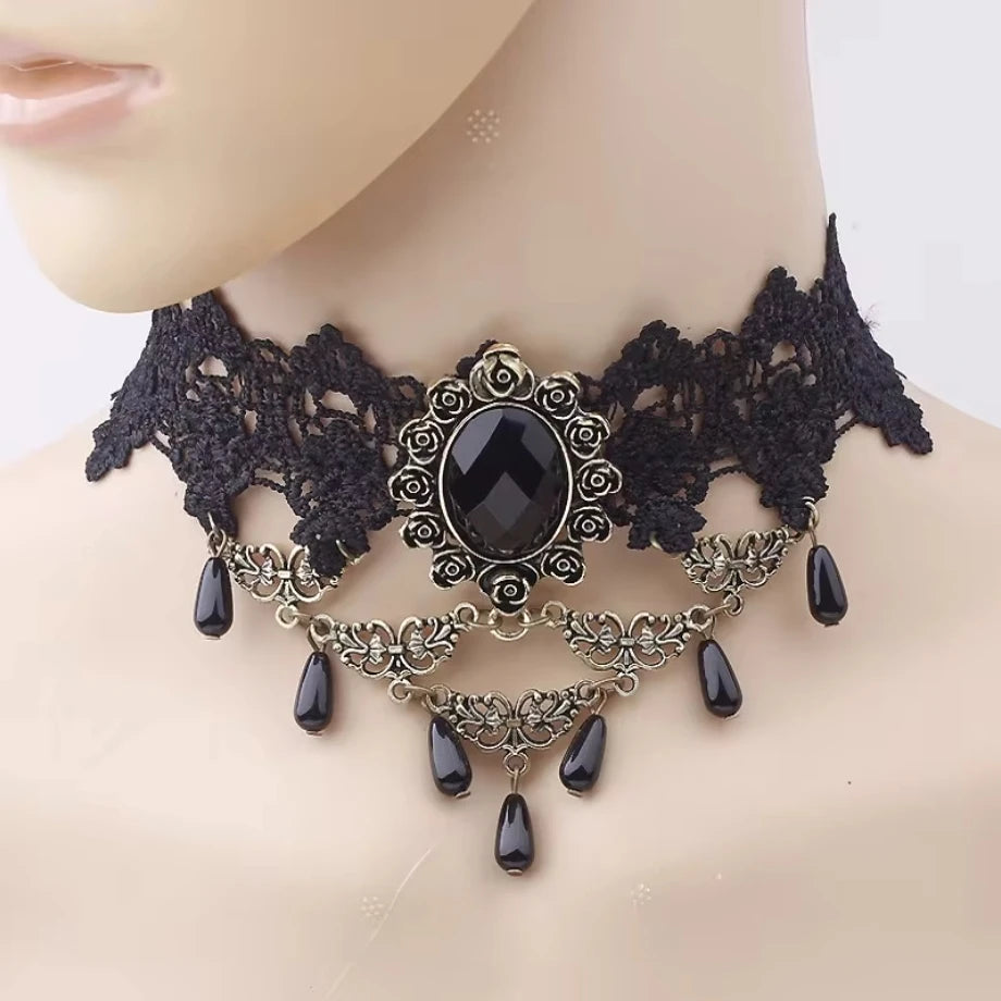 Gothic Victorian Black Lace Choker Necklace with Crystal Tassel, Dark Lolita Jewelry
