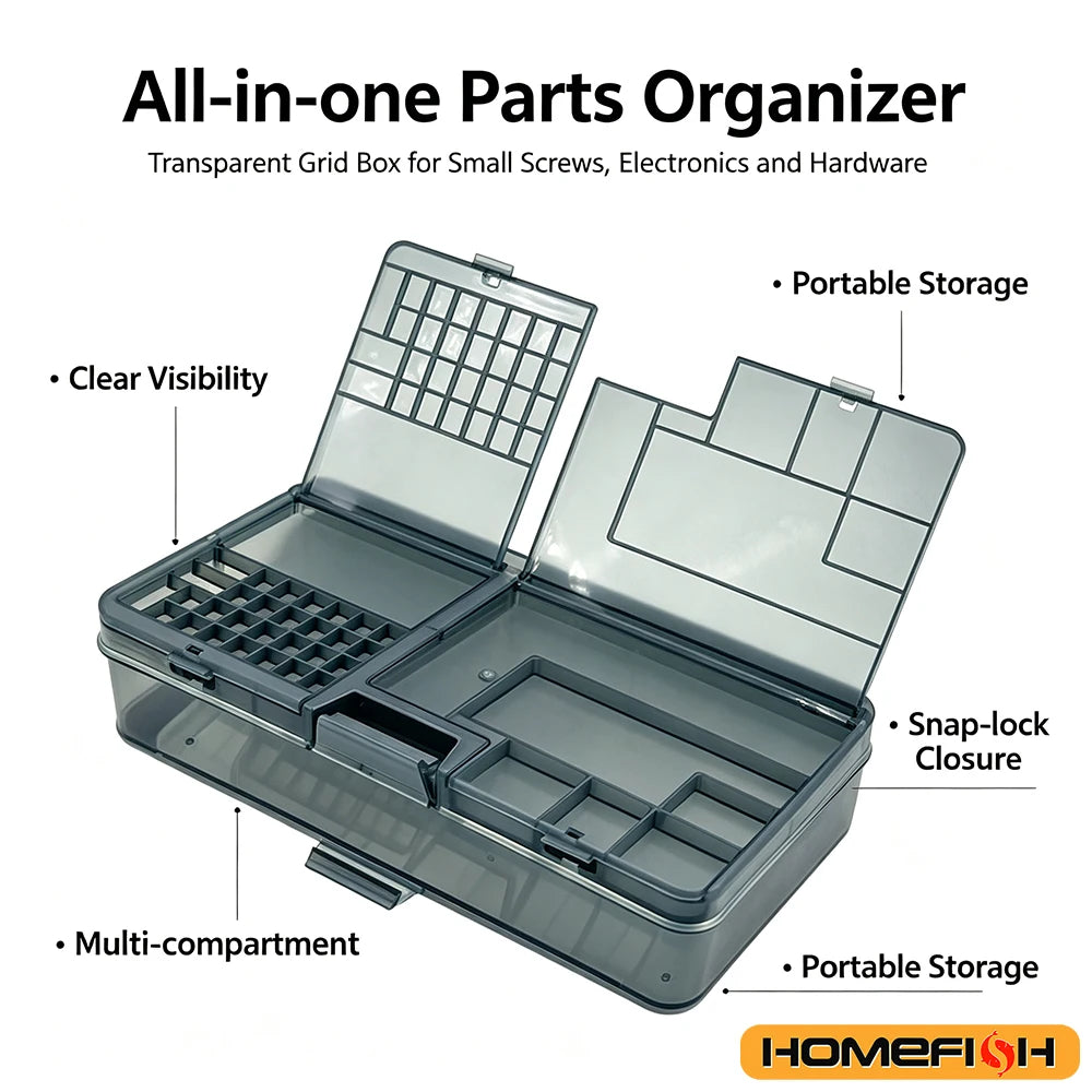 Plastic Storage Box Organizer, Grid Compartment Case for Screws, Hardware & Parts