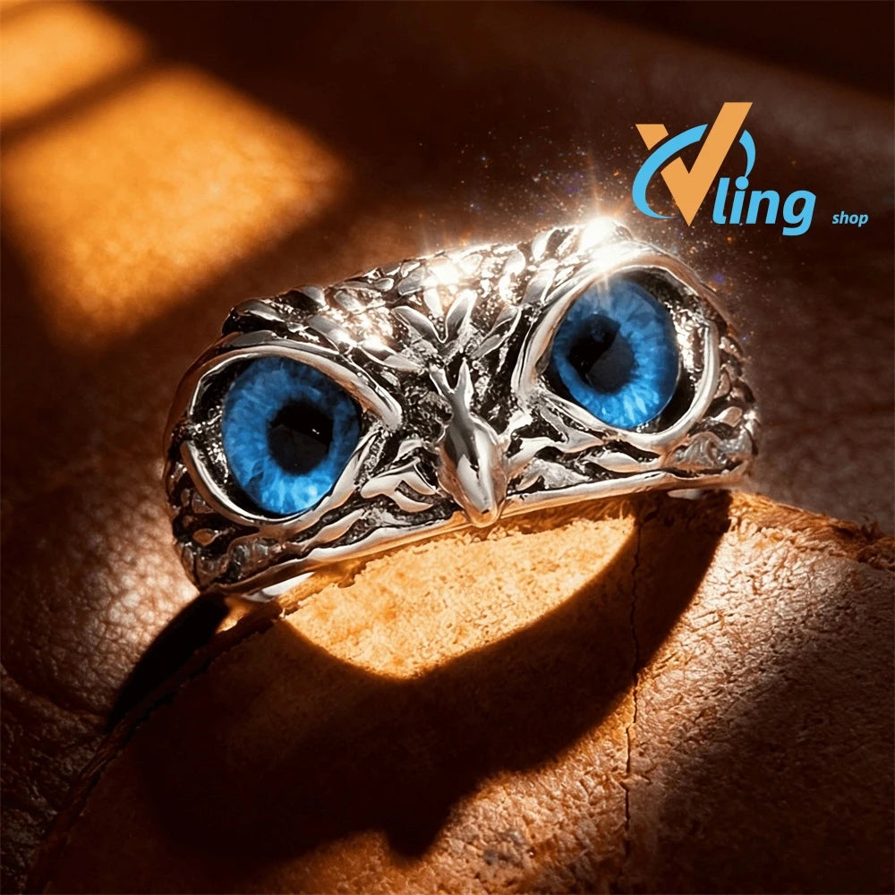Evil Eye Owl Adjustable Ring, Antique Silver Gothic Punk Animal Finger Jewelry