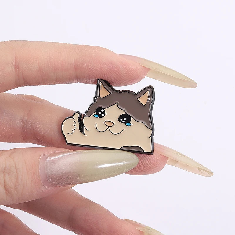 Thumb Up Crying Cat Enamel Pin Kawaii Animal Brooch Lapel Badge for Cat Lovers