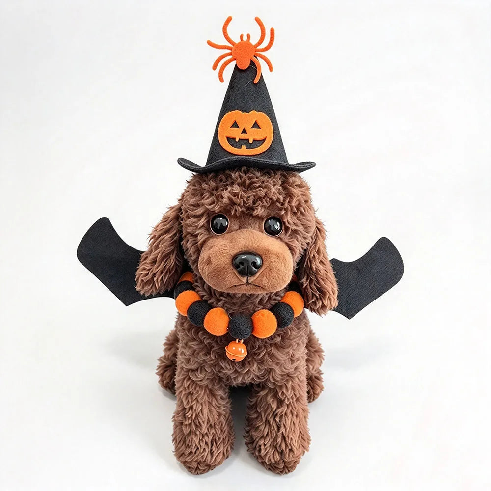 Halloween Spider Pet Costume for Dog Cat – Pumpkin Witch Hat, Bat Wings & Pom Pom Bell Collar Set