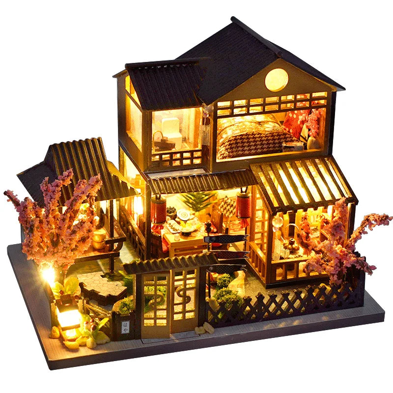 Miniature Wooden Dollhouse DIY Kit with LED Lights & Furniture – Handmade Birthday Gift