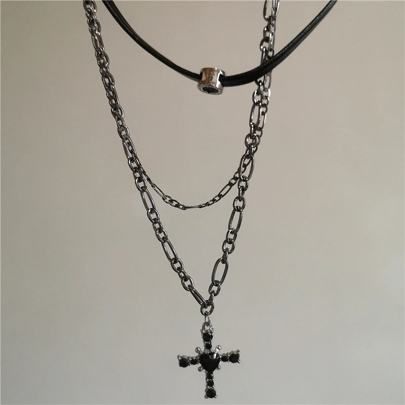 Punk Star Heart Cross Double Layer Chain Necklace – Y2K Grunge & EMO Rock Style for Men and Women