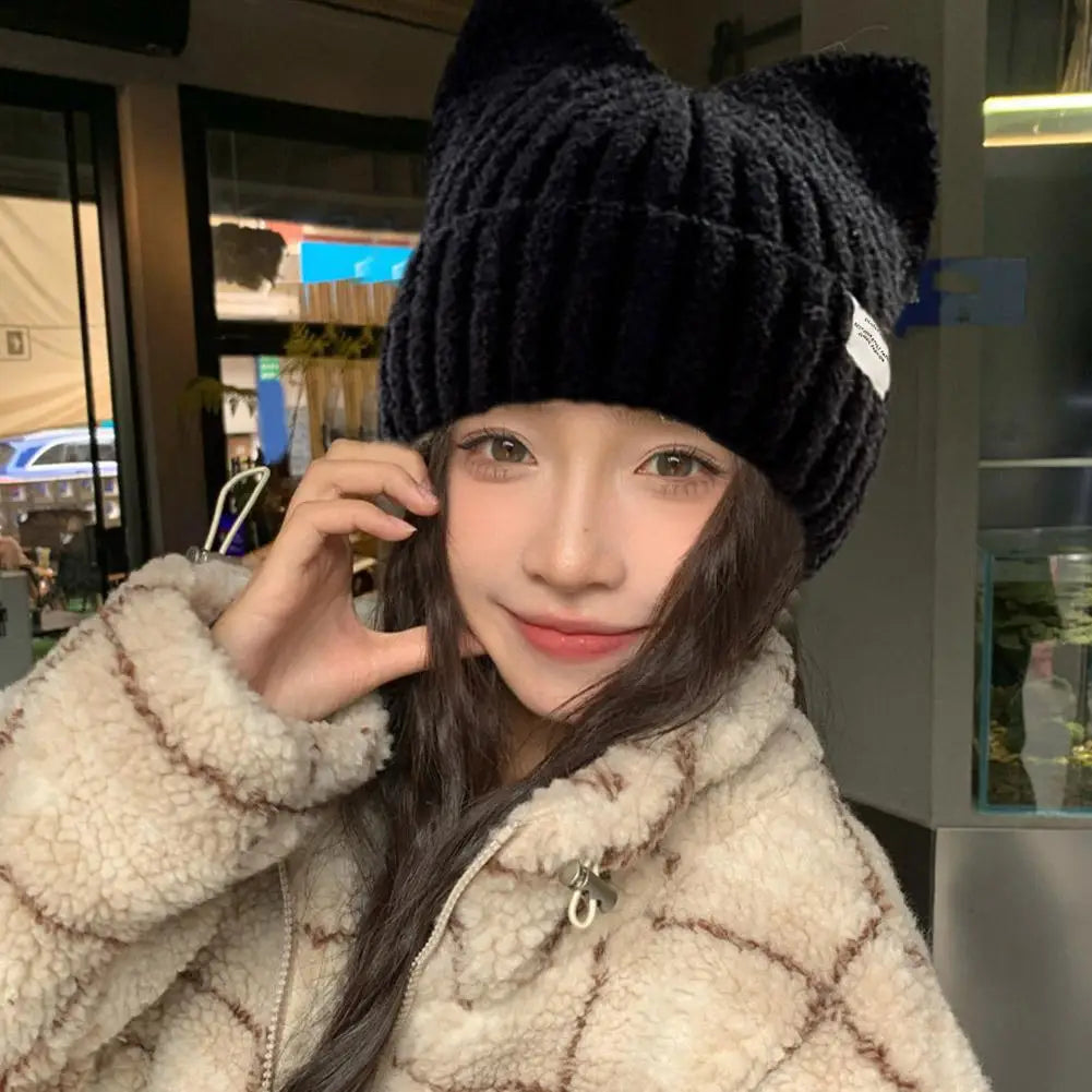 Cat Ear Knit Beanie Winter Hat - Warm Windproof Thick Cap for Women and Girls