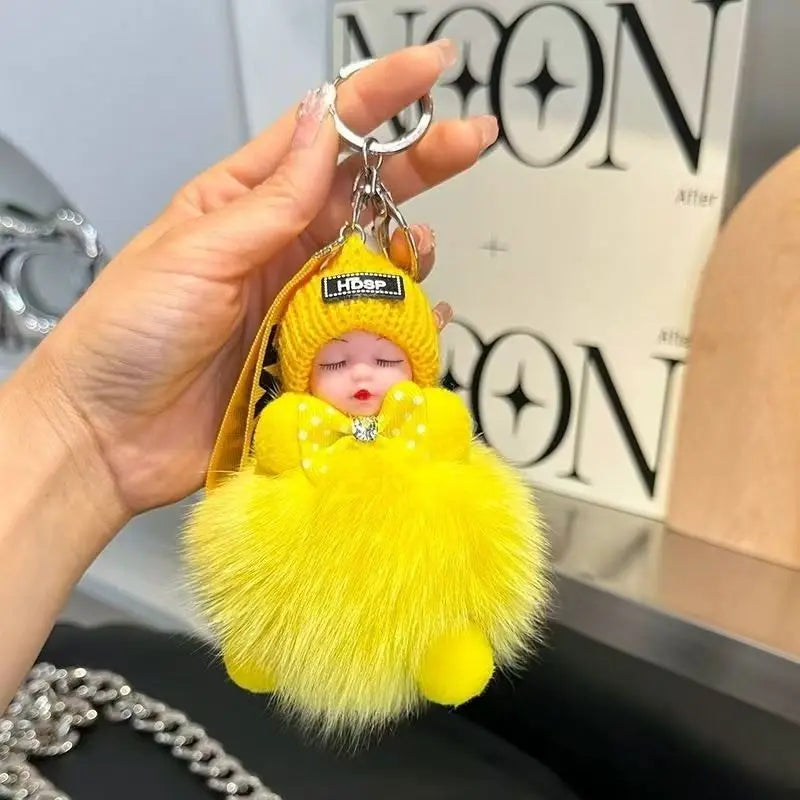 Cute Fluffy Sleepy Doll Keychain – Kawaii Plush Bag Charm Car Key Ring Gift