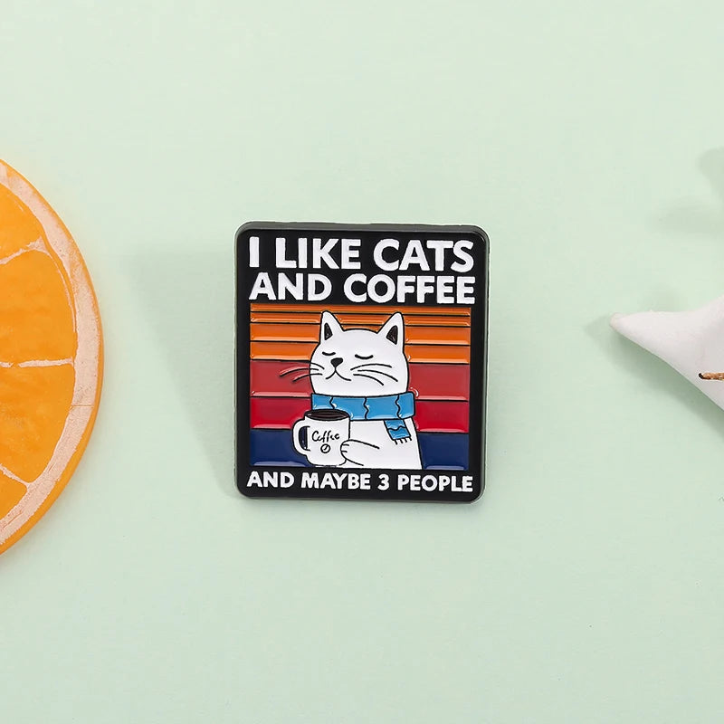I Like Cats and Coffee Enamel Pin – Cute Cartoon Cat Drinking Coffee Alloy Brooch for Lapels & Bags