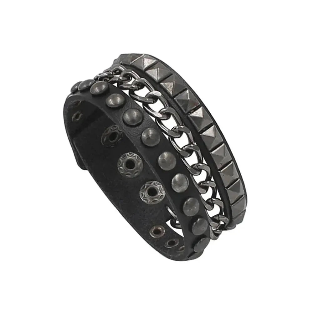 Punk Dark PU Leather Layered Wrap Bracelet for Women and Men – Gothic Chain Hip Hop Rock Jewelry