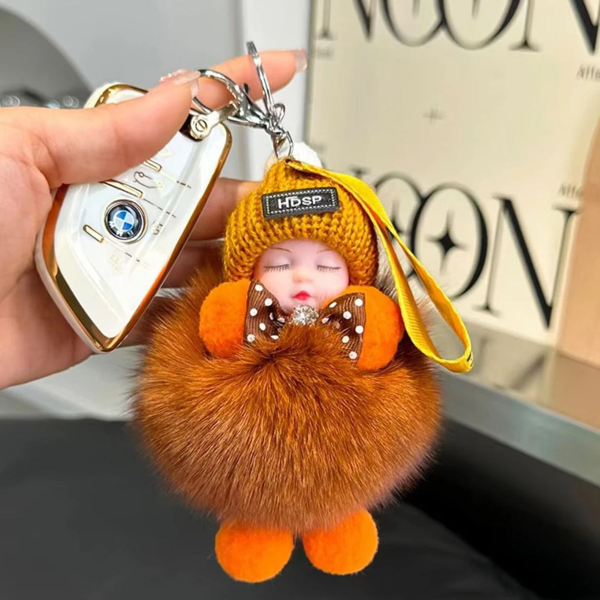 Cute Fluffy Sleepy Doll Keychain – Kawaii Plush Bag Charm Car Key Ring Gift