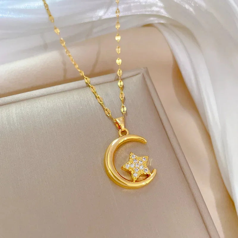 Crescent Moon Pendant Necklace Stainless Steel Zircon Vintage Jewelry