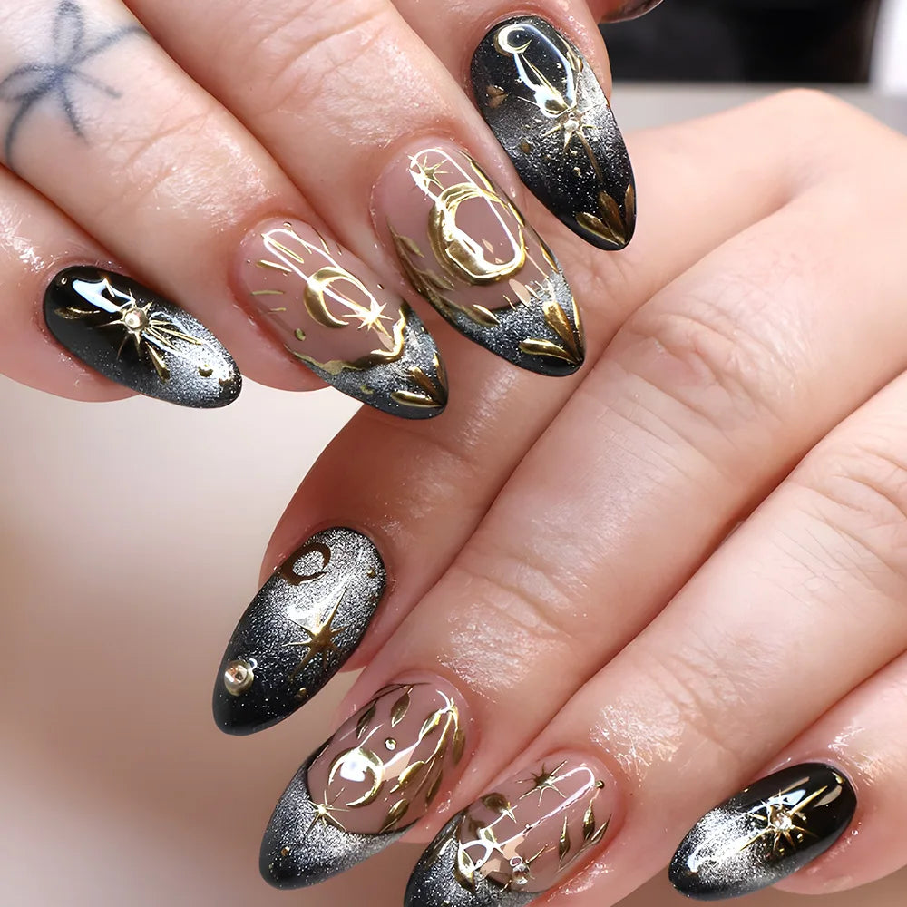 Y2K Star Press On Nails 24pcs – Blue Gradient French Gold Moon Almond False Nails