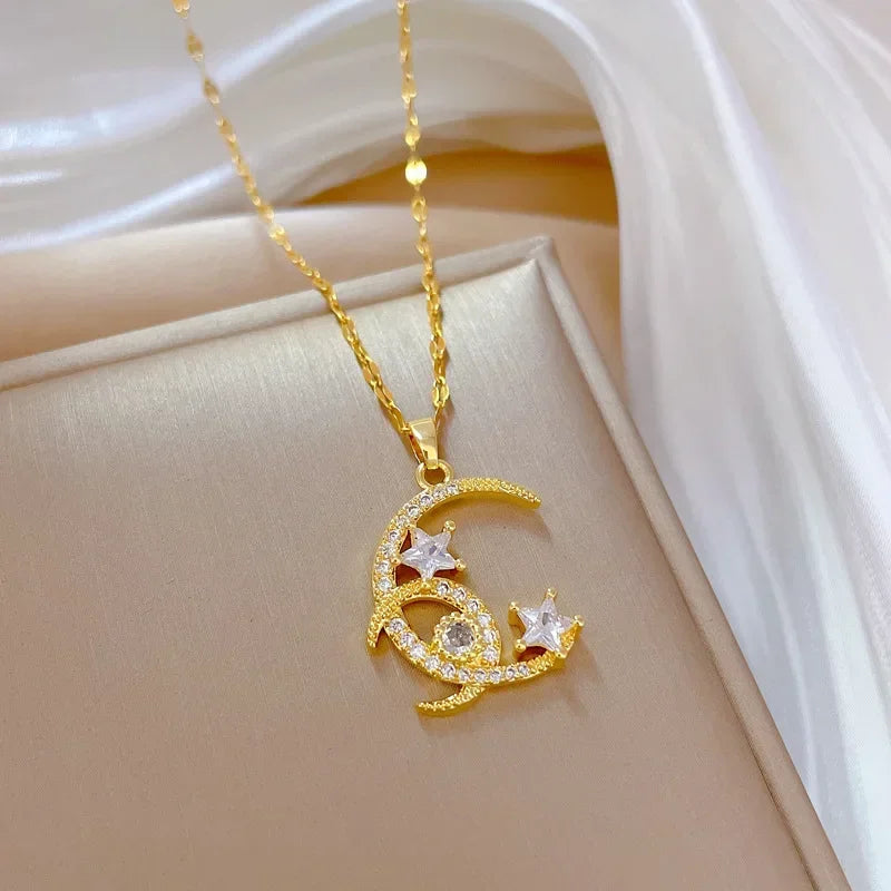 Crescent Moon Pendant Necklace Stainless Steel Zircon Vintage Jewelry