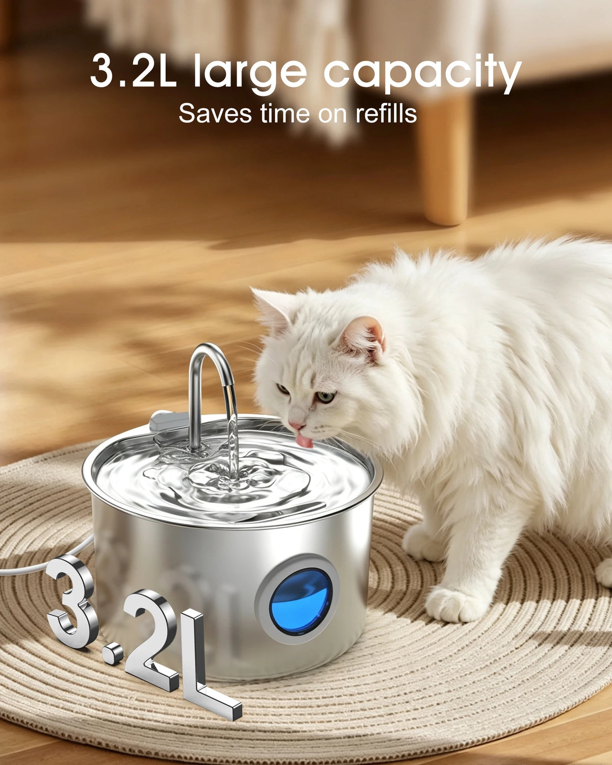 Stainless Steel Cat Water Fountain 108oz/3.2L for Cats, Dogs and Small Pets, with Quiet Operation & LED Light, Easy to Clean & Assemble
