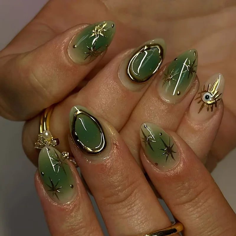 Y2K Star Press On Nails 24pcs – Blue Gradient French Gold Moon Almond False Nails