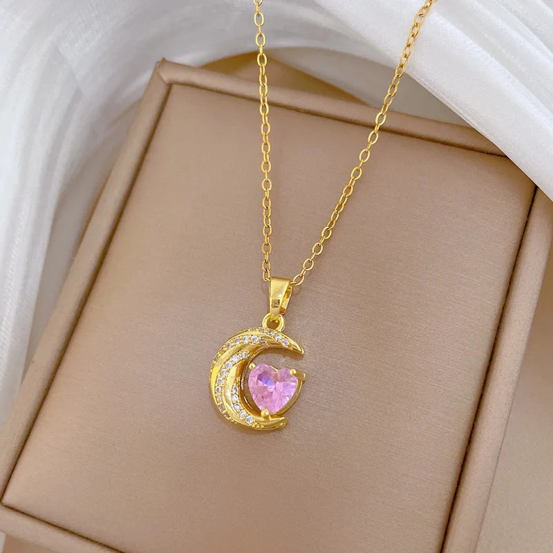 Crescent Moon Pendant Necklace Stainless Steel Zircon Vintage Jewelry