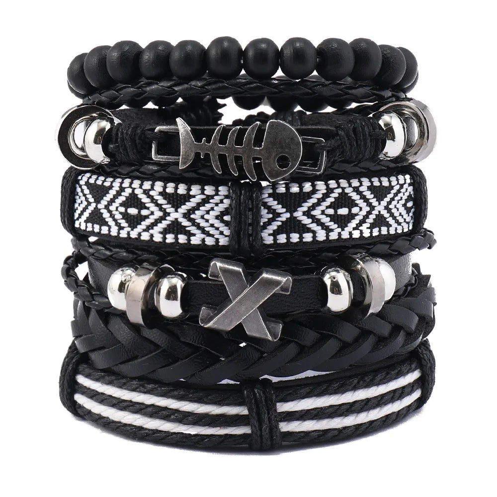 Black Punk Skull & Star Leather Bracelet Set – Gothic Alloy Wristband for Men & Women