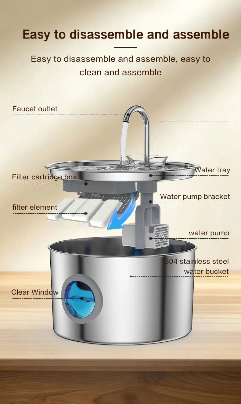 Stainless Steel Cat Water Fountain 108oz/3.2L for Cats, Dogs and Small Pets, with Quiet Operation & LED Light, Easy to Clean & Assemble