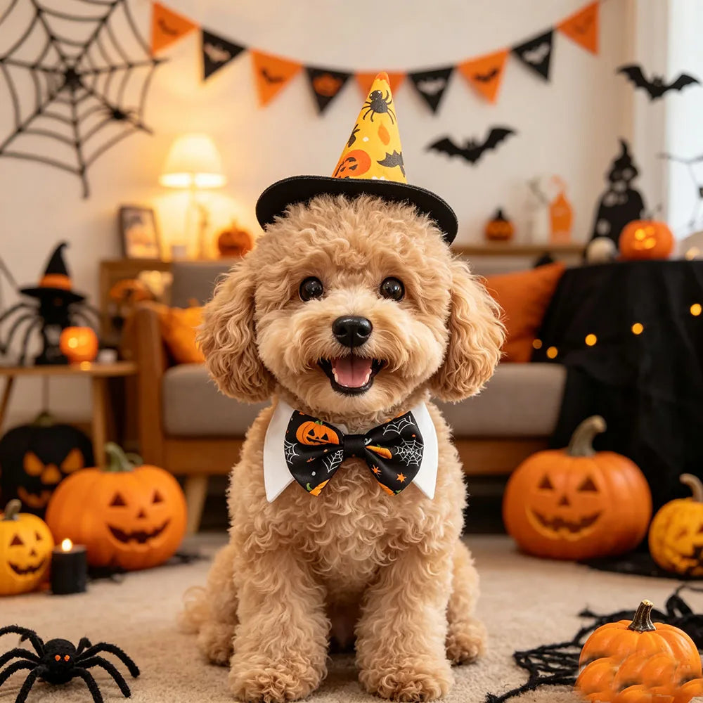Pet Halloween Costume Set - Pumpkin Spider Wizard Hat & Bow Tie Collar for Dogs Cats