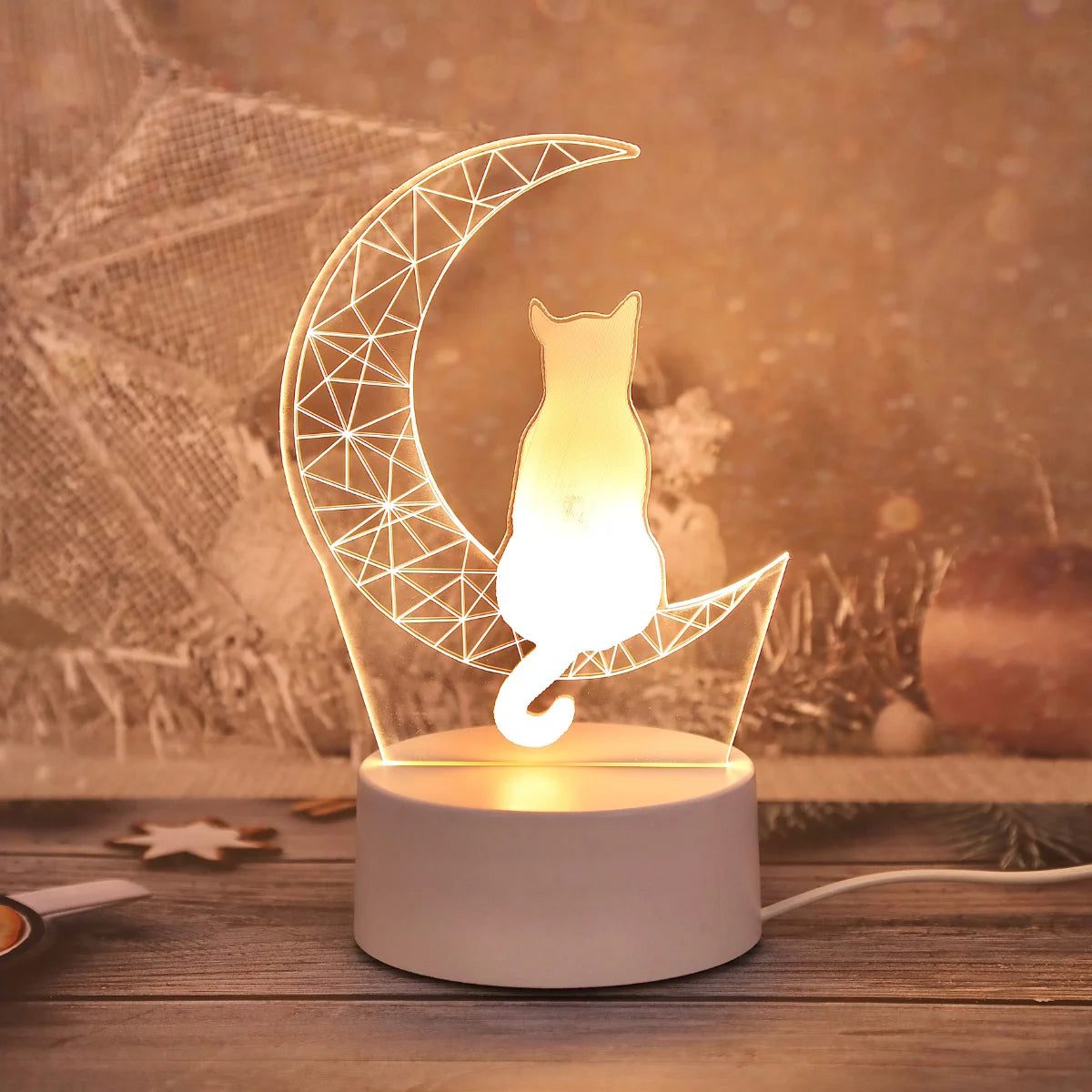 Moon Cat 3D Acrylic Night Light – USB Warm White LED Bedside Lamp