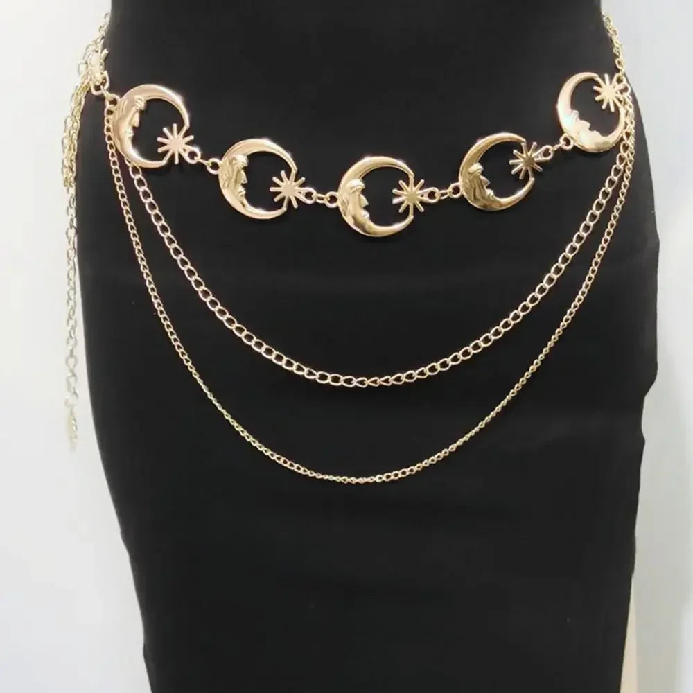 Punk Hip Hop Sun Waist Chain Belt – Vintage Gold & Silver Metal High Waist Chain for Women