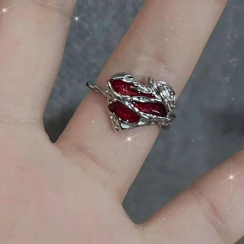 Gothic Red Crystal Heart Rings Set – 8pcs Irregular Y2K Butterfly Spider Aesthetic Jewelry for Women