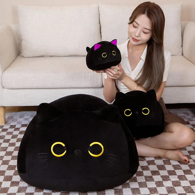 Kawaii Black Cat Plush Doll Soft Stuffed Round Cat Plushie Keychain Bag Pendant