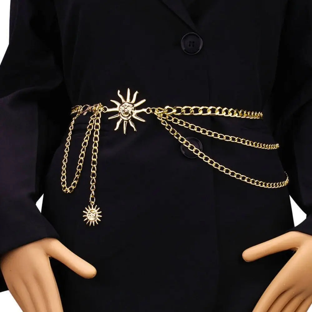 Punk Hip Hop Sun Waist Chain Belt – Vintage Gold & Silver Metal High Waist Chain for Women