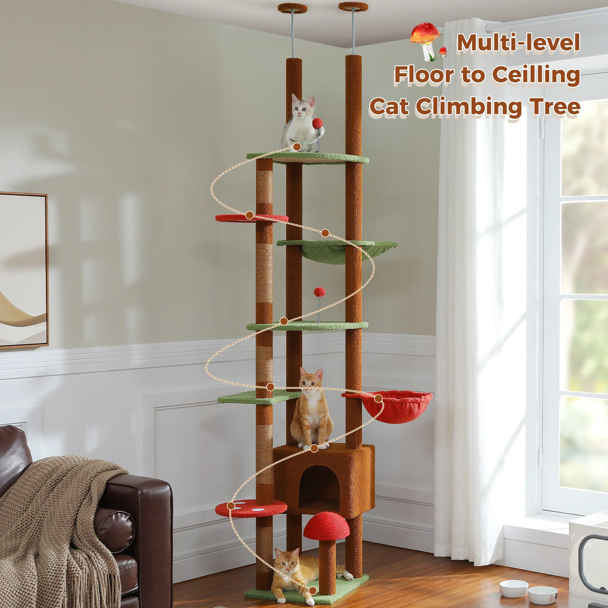 Cat Tree Floor to Ceiling Cat Tower Adjustable Height with Cat Condo Cozy Hammock and Scratching Post Tall Activity Tree Autumn Vibe