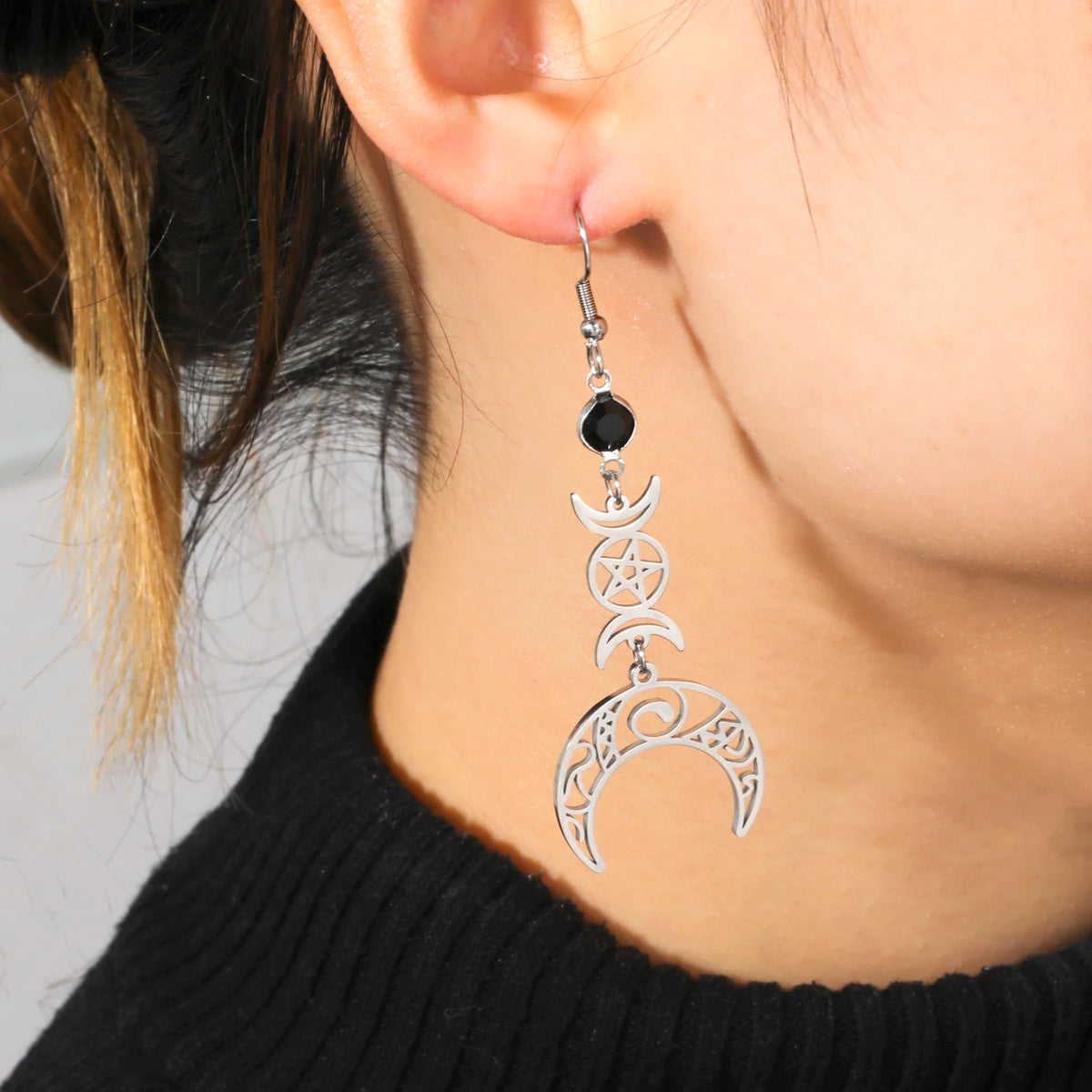 Goth Moon Phase Pentagram Earrings - Stainless Steel Witchy Dangle Jewelry