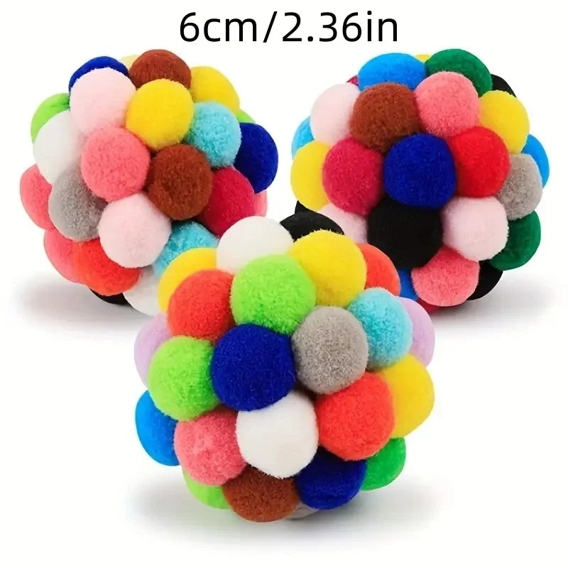 Colorful Pom Pom Cat Toy Ball with Bell Interactive Kitten Play Balls