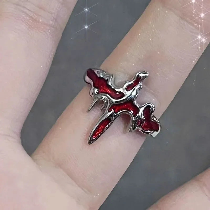 Gothic Red Crystal Heart Rings Set – 8pcs Irregular Y2K Butterfly Spider Aesthetic Jewelry for Women