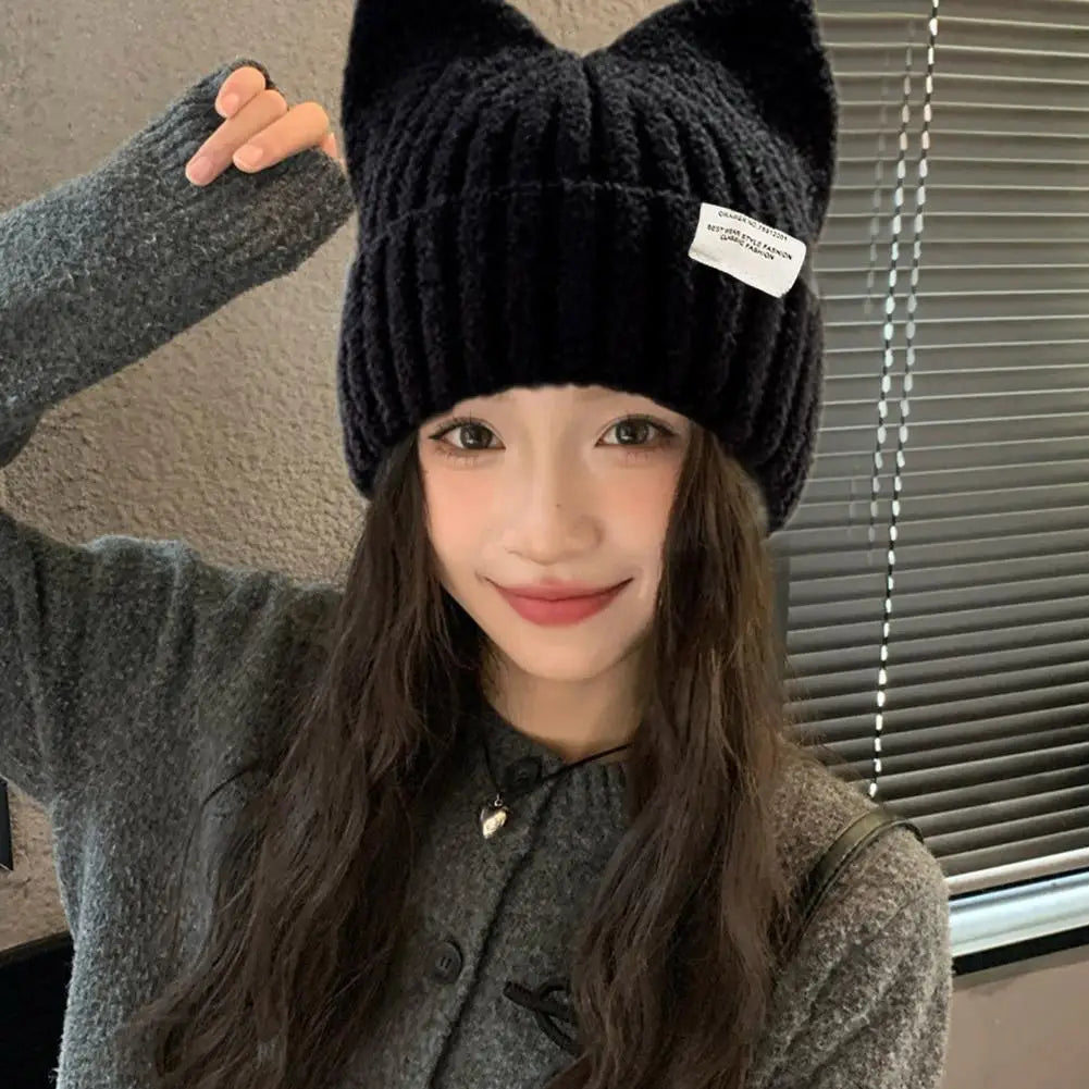 Cat Ear Knit Beanie Winter Hat - Warm Windproof Thick Cap for Women and Girls