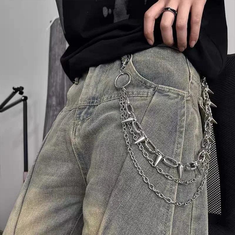 Silver Punk Double-Layer Waist Chain with Rivets – Adjustable Metal Belt Pants Chain for Women & Men