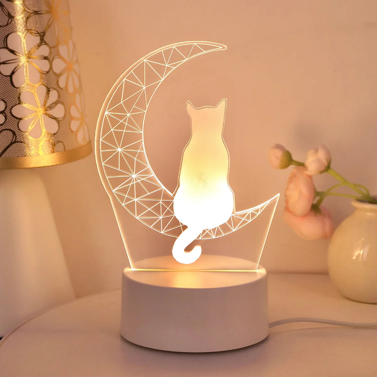 Moon Cat 3D Acrylic Night Light – USB Warm White LED Bedside Lamp