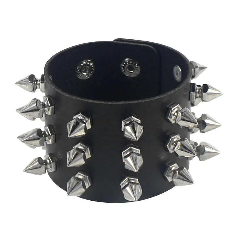 Three-Row Spiked Rivet Stud Wide Cuff Bracelet – Black PU Leather Punk Gothic Wristband