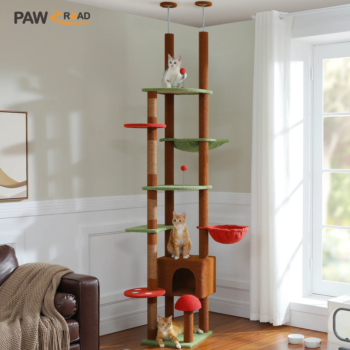 Cat Tree Floor to Ceiling Cat Tower Adjustable Height with Cat Condo Cozy Hammock and Scratching Post Tall Activity Tree Autumn Vibe
