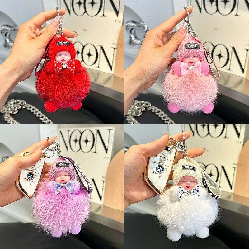 Cute Fluffy Sleepy Doll Keychain – Kawaii Plush Bag Charm Car Key Ring Gift