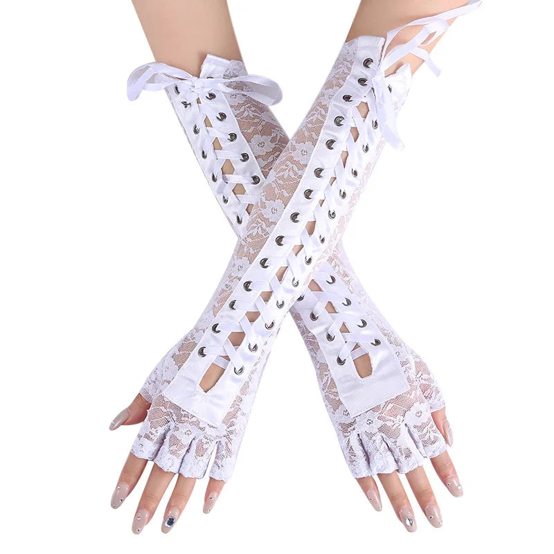 Fingerless Fishnet Lace Gloves Women Gothic Lolita Ribbon Long Elbow Mittens