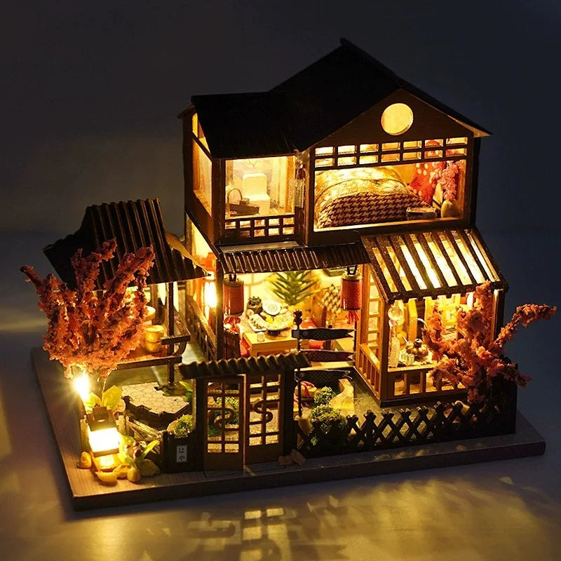 Miniature Wooden Dollhouse DIY Kit with LED Lights & Furniture – Handmade Birthday Gift