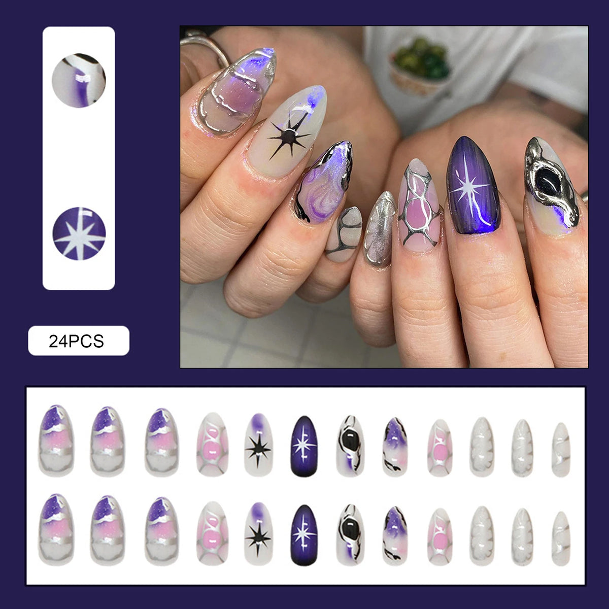 Y2K Star Press On Nails 24pcs – Blue Gradient French Gold Moon Almond False Nails