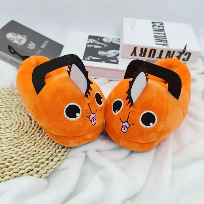 Pochita Anime Plush Slippers, Cute Fuzzy Winter House Shoes for Women and Kids