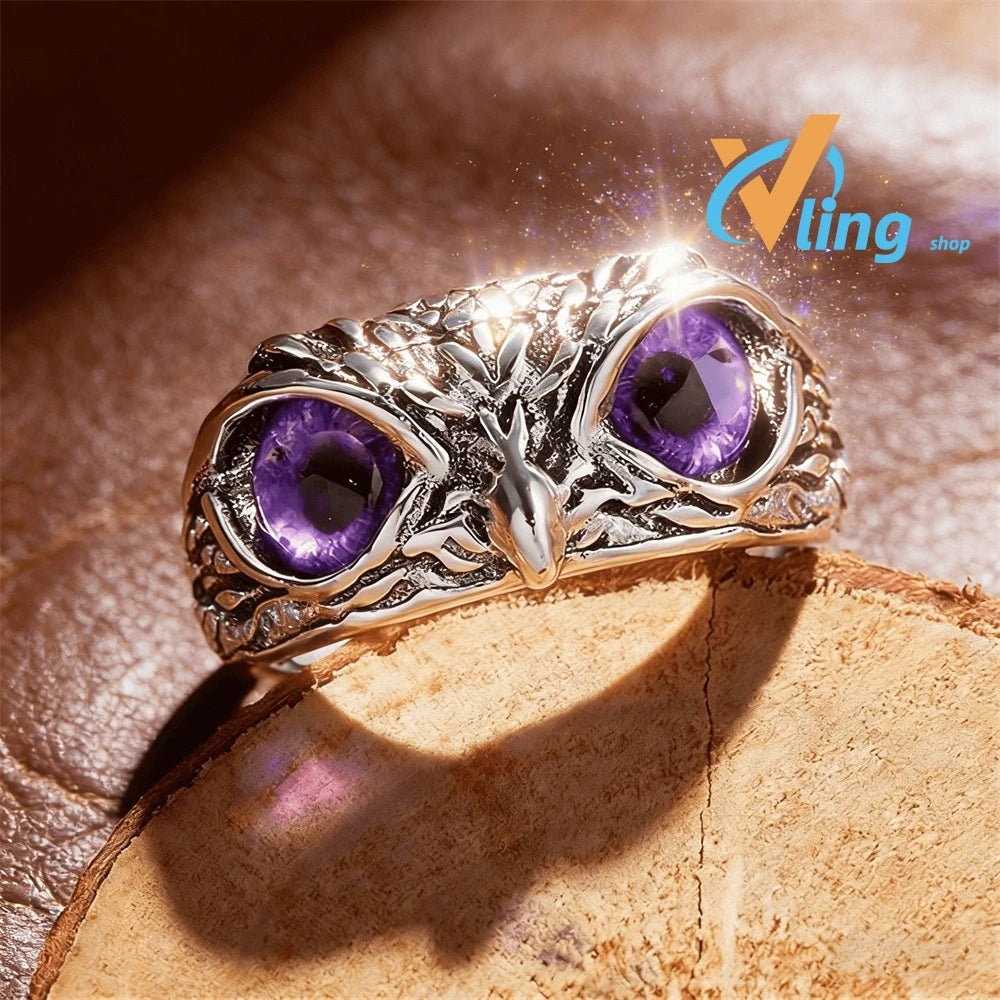 Evil Eye Owl Adjustable Ring, Antique Silver Gothic Punk Animal Finger Jewelry
