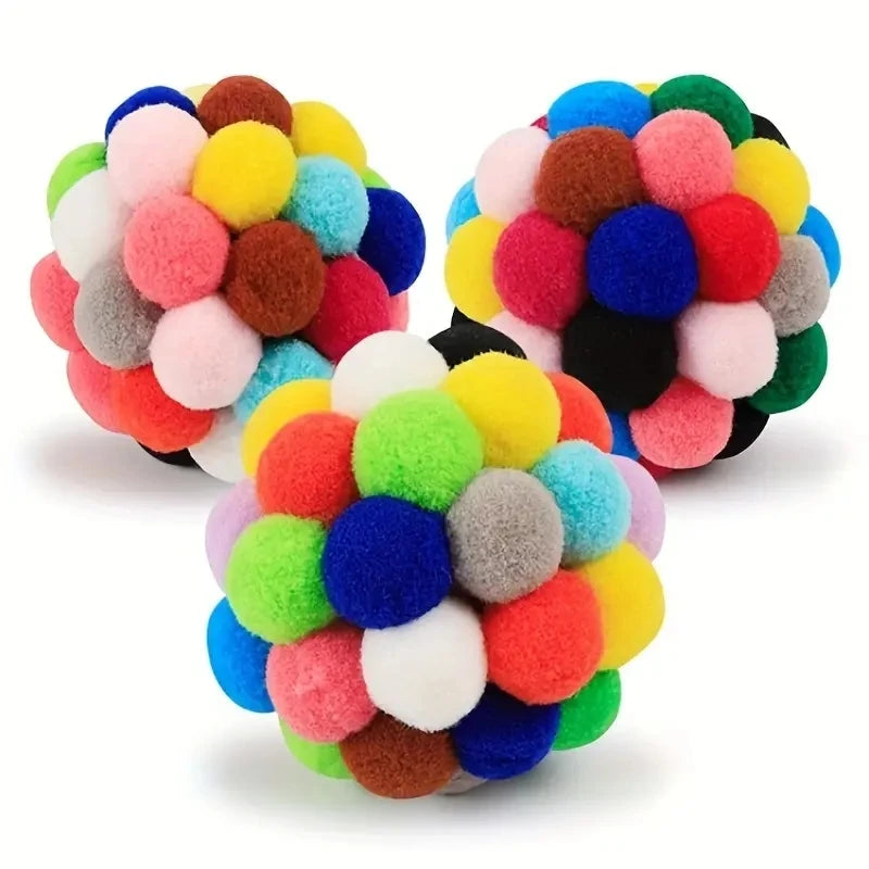 Colorful Pom Pom Cat Toy Ball with Bell Interactive Kitten Play Balls
