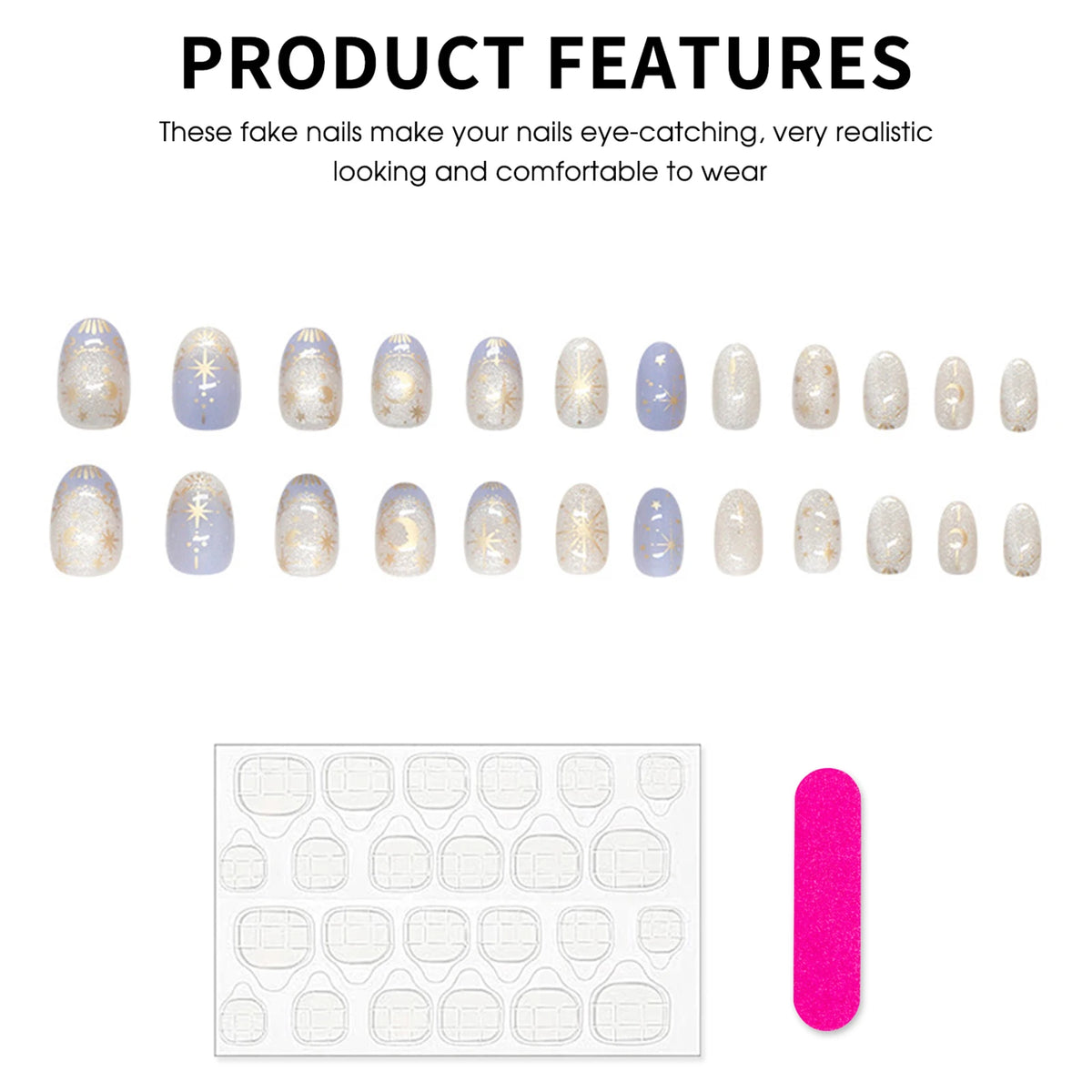 Y2K Star Press On Nails 24pcs – Blue Gradient French Gold Moon Almond False Nails