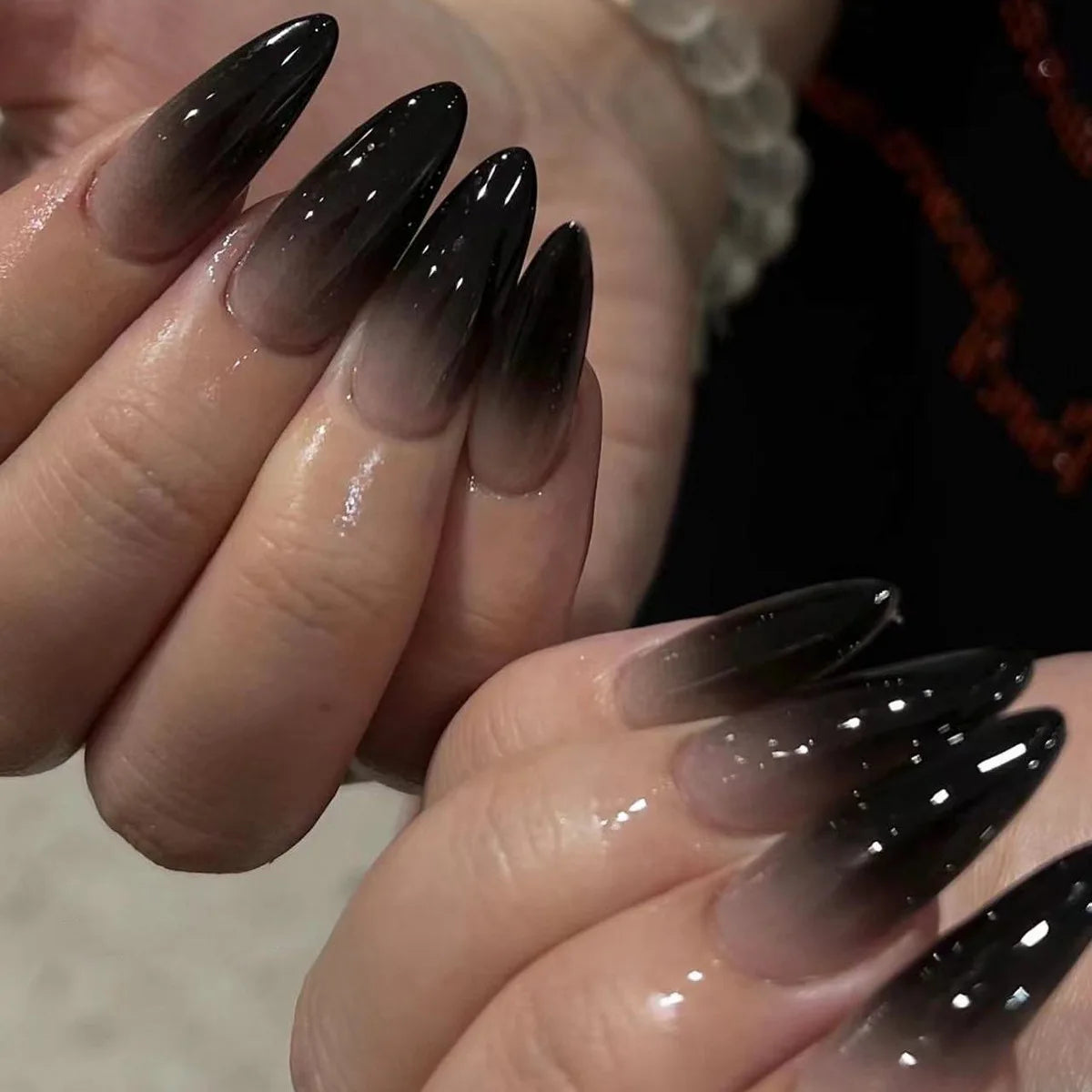 24Pcs Black Y2K Press On Nails, Diamond Butterfly Halloween Long Almond Tips