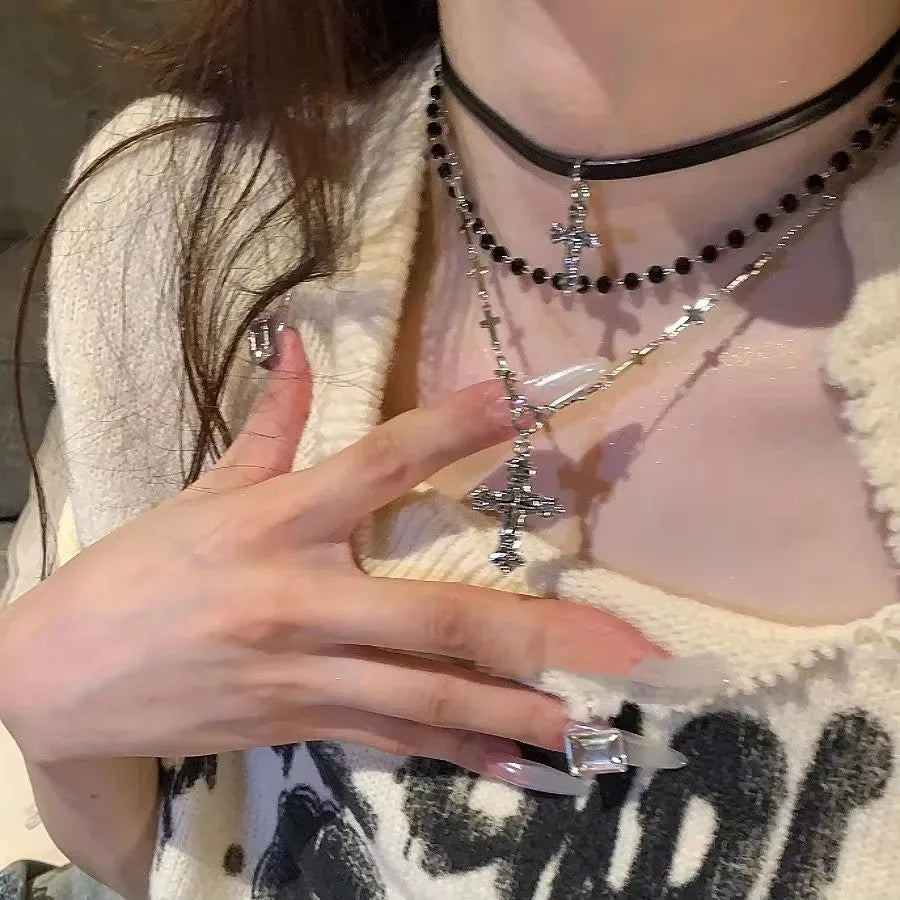 Punk Star Heart Cross Double Layer Chain Necklace – Y2K Grunge & EMO Rock Style for Men and Women