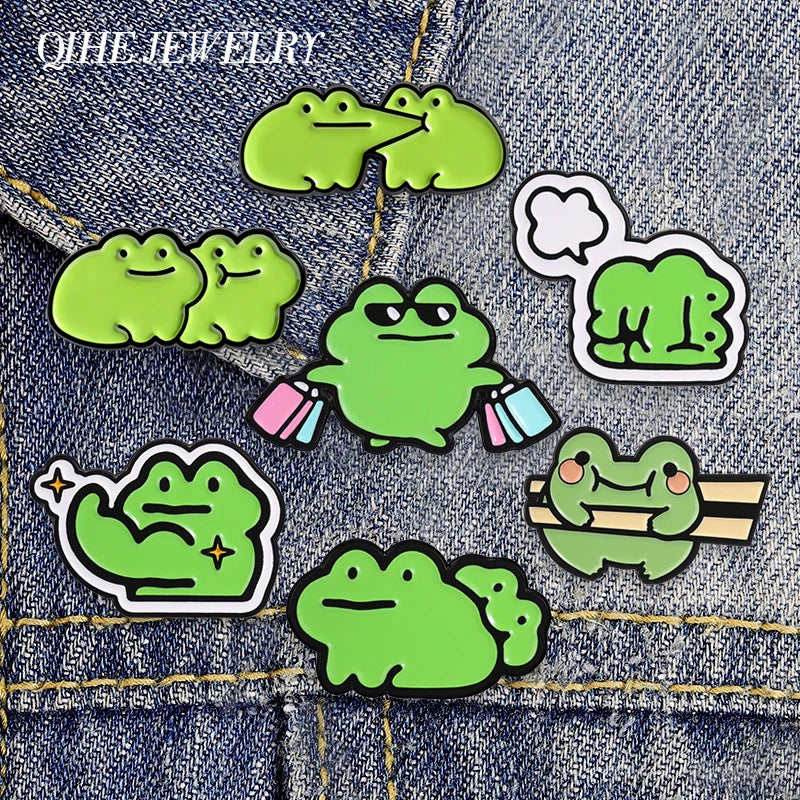 Funny Frog Meme Enamel Pin – Cute Cartoon Muscle Frog Brooch for Backpacks, Jackets & Lapels