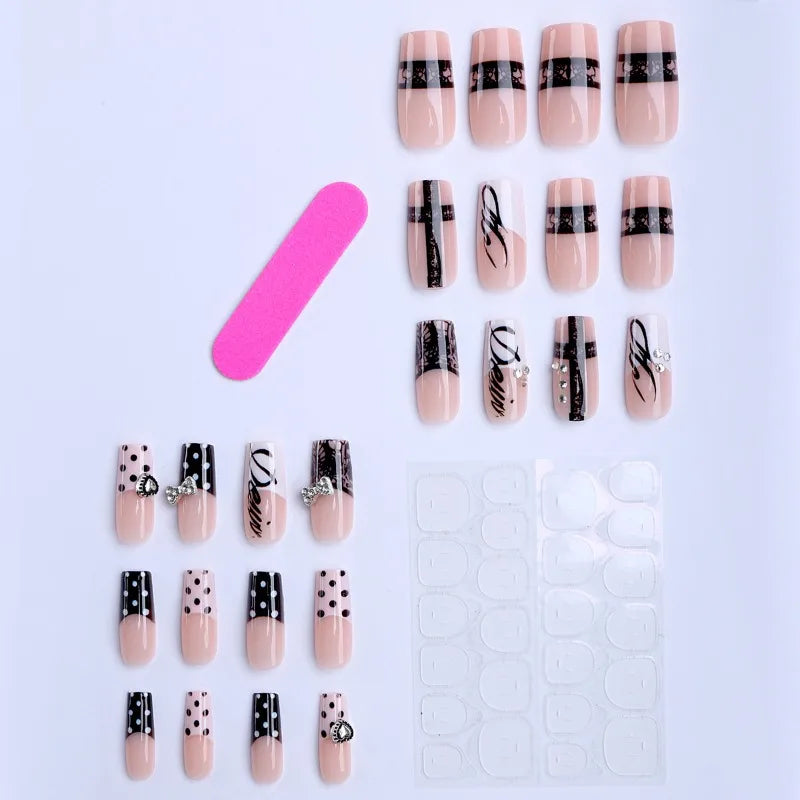 Y2K Black Lace Cross Press On Nails 24pcs - Polka Dot Bow Heart False Nails